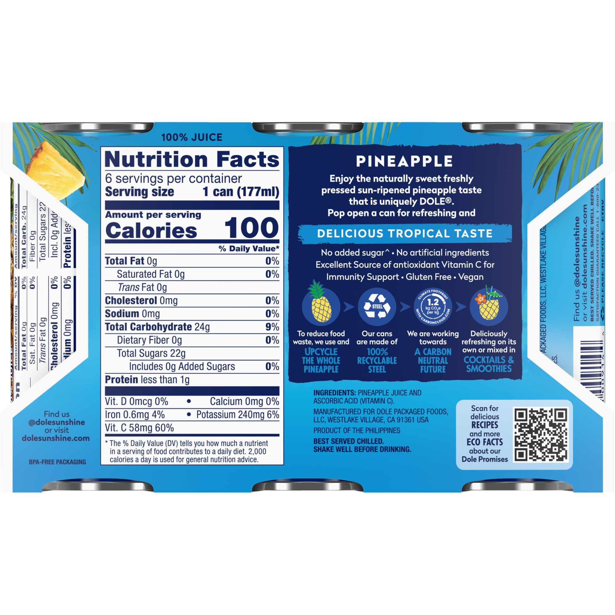 Dole 100% Pineapple Juice | 6 Oz | Pack of 6