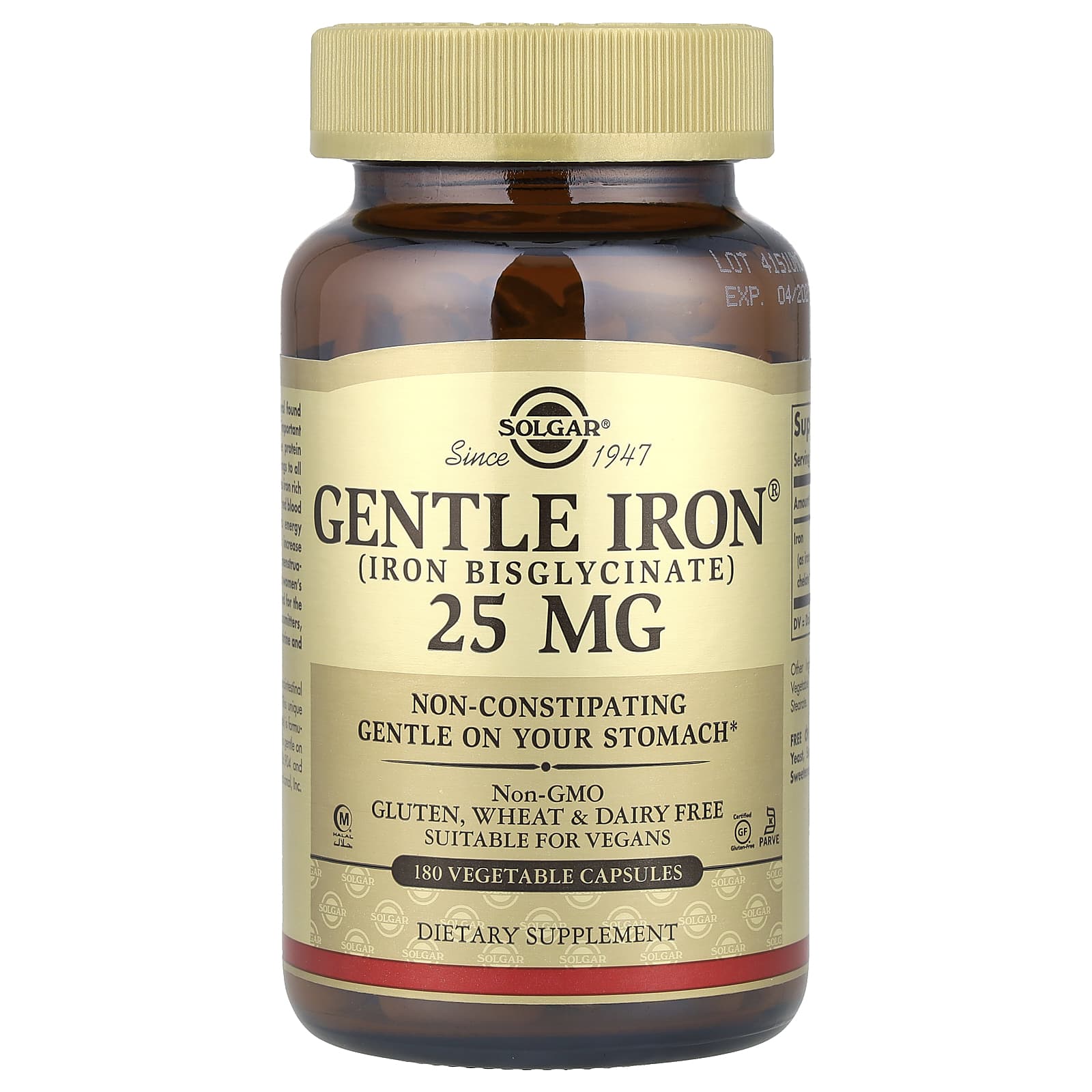 Solgar Gentle Iron (Iron Bisglycinate) 25 mg | 180 Vegetable Capsules