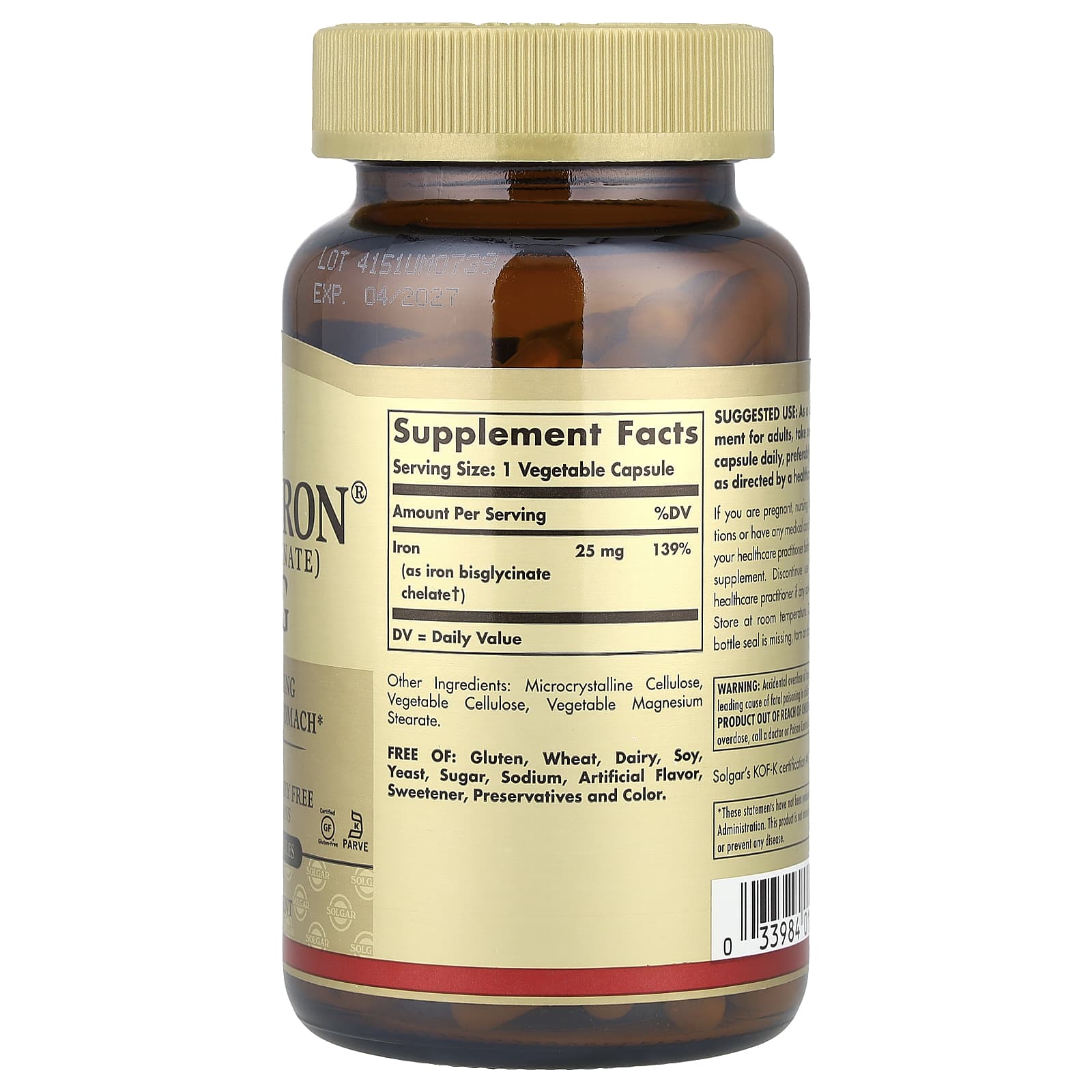 Solgar Gentle Iron (Iron Bisglycinate) 25 mg | 180 Vegetable Capsules