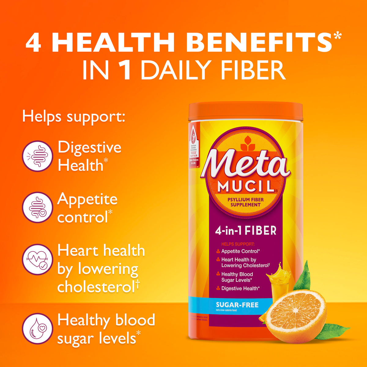 Metamucil Multi-Health Fibre | Orange | Sugar Free | 72 Teaspoons | 15 Oz (425 g)