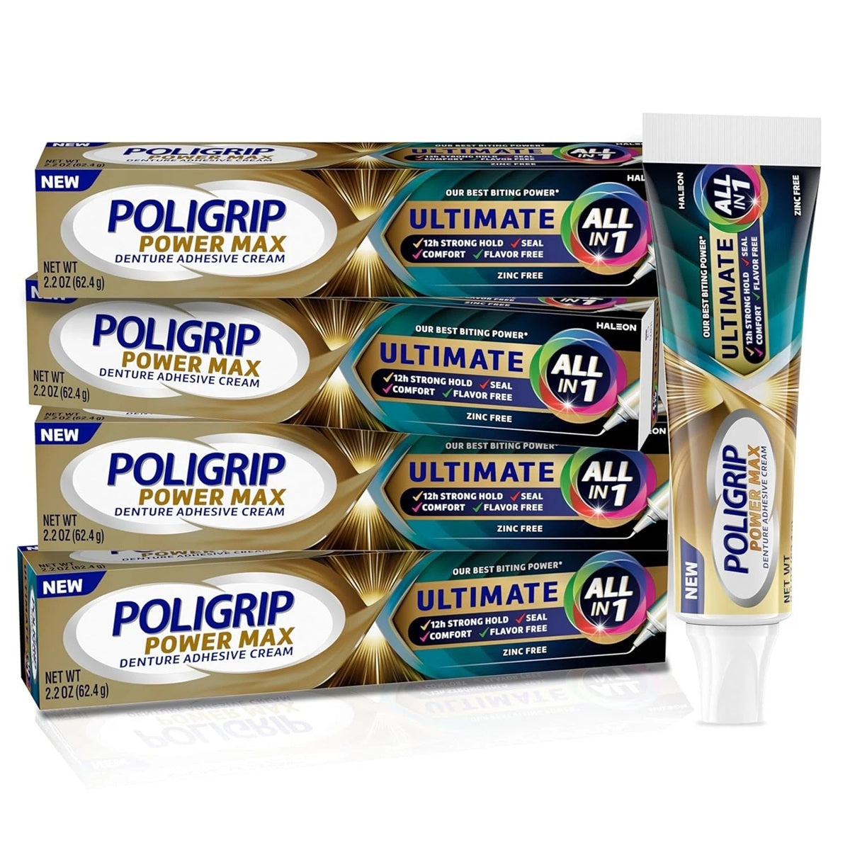 Poligrip Power Max Ultimate All-in-1 Denture Adhesive Cream | 2.2 Oz | Pack of 4