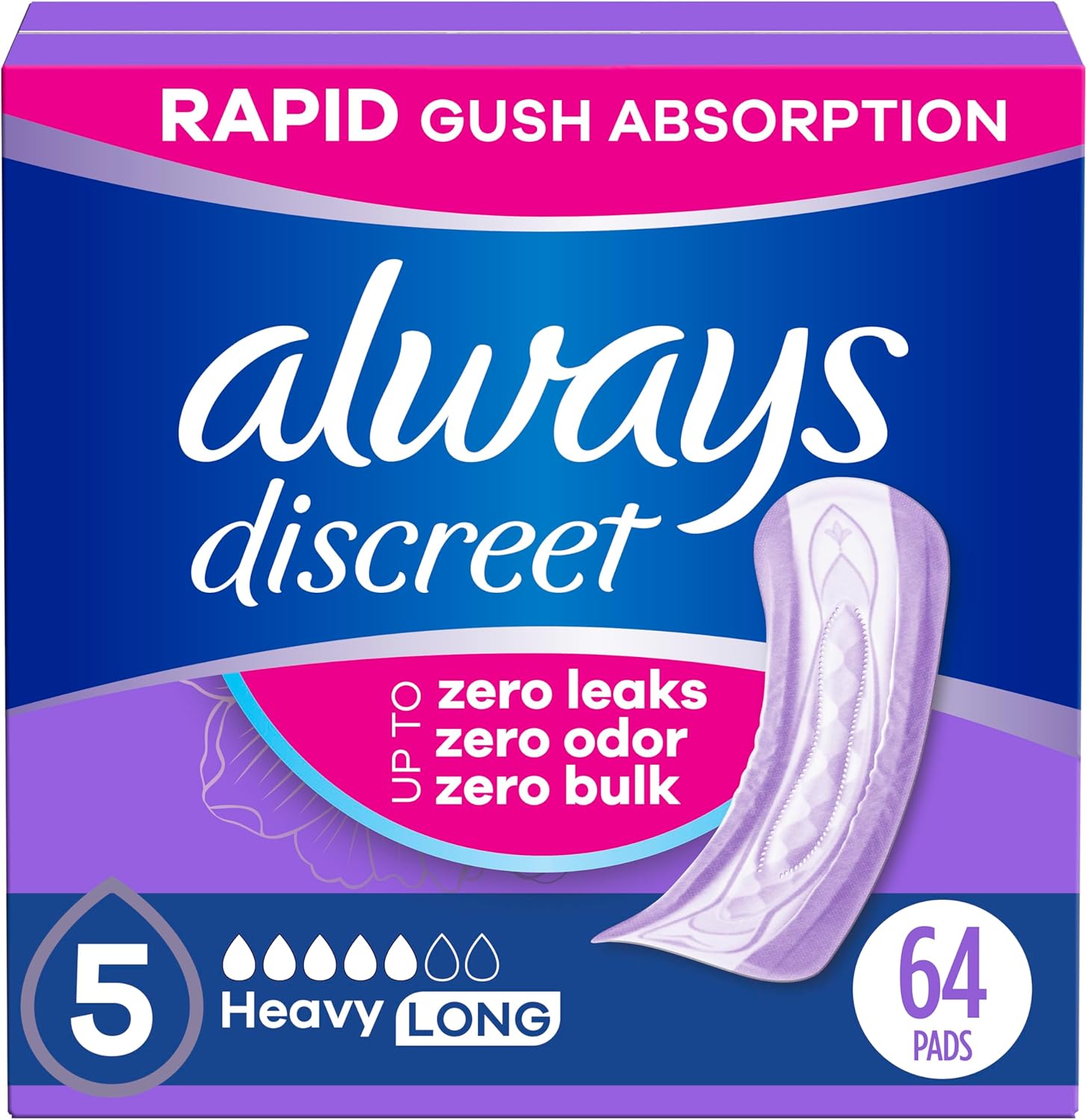Always Discreet Adult Incontinence Pads for Women, Heavy Absorbency, Long Length, Postpartum Pads, 64 CT