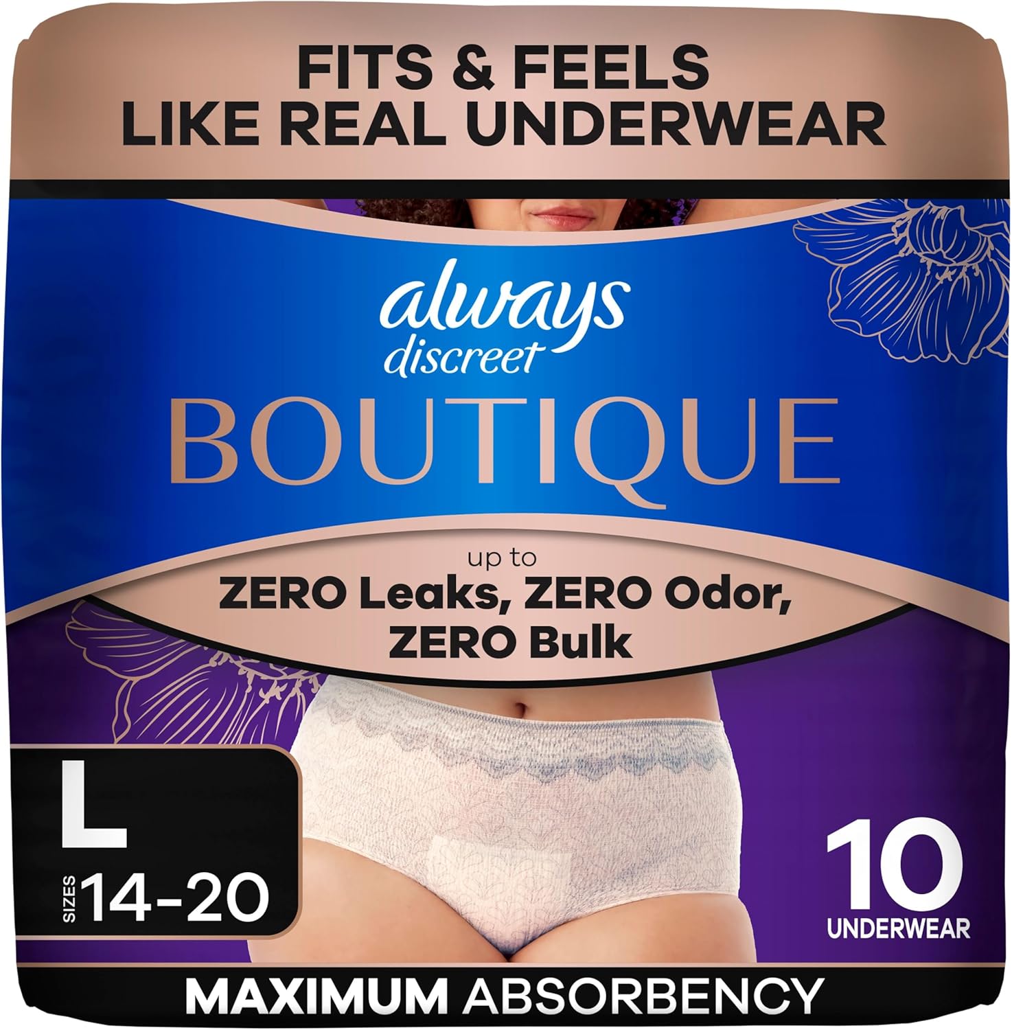Always Discreet Boutique Incontinence Underwear for Women | Large | 10 Count