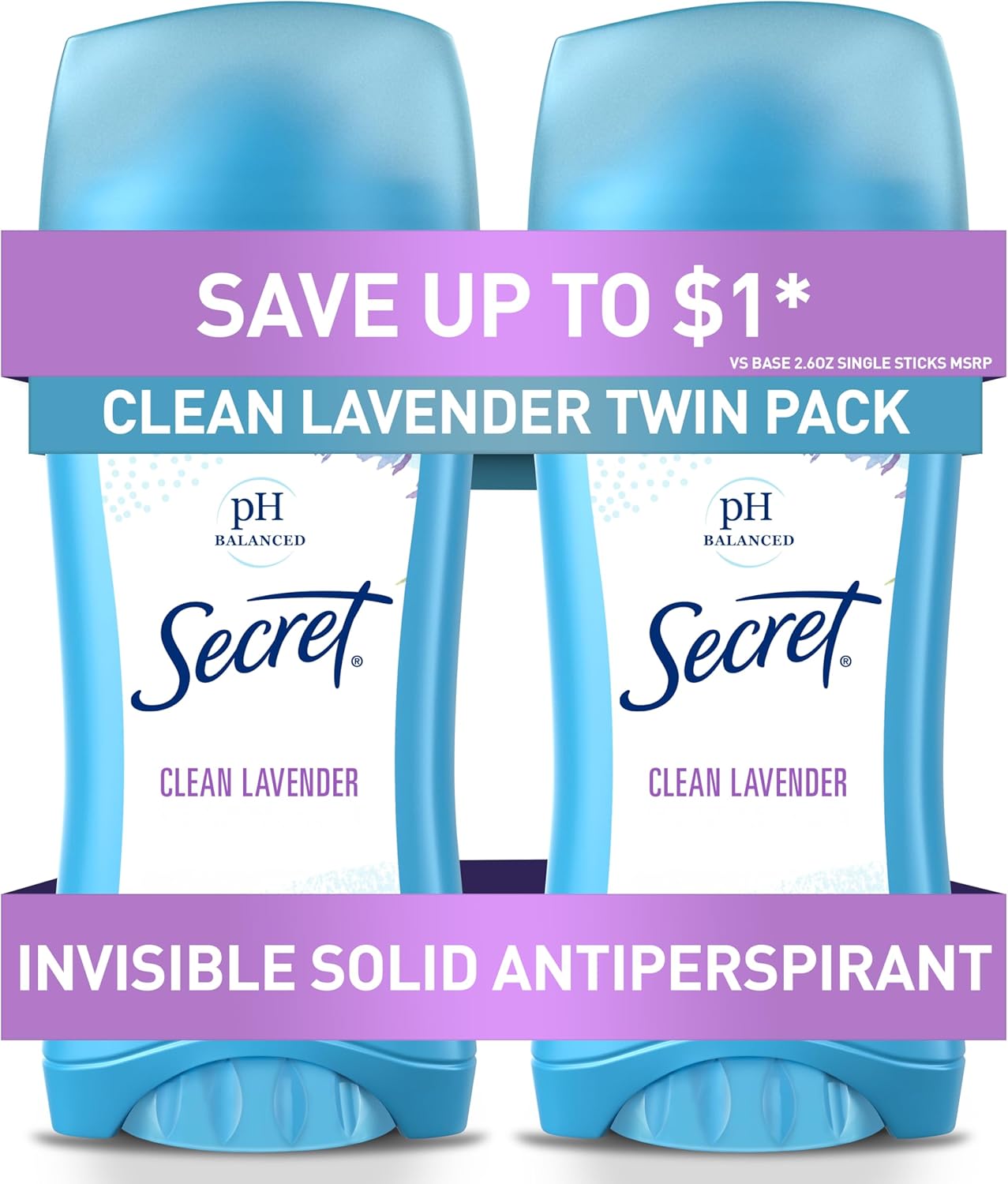 Secret Invisible Solid Antiperspirant & Deodorant | Clean Lavender | Twin Pack | 5.2 Oz