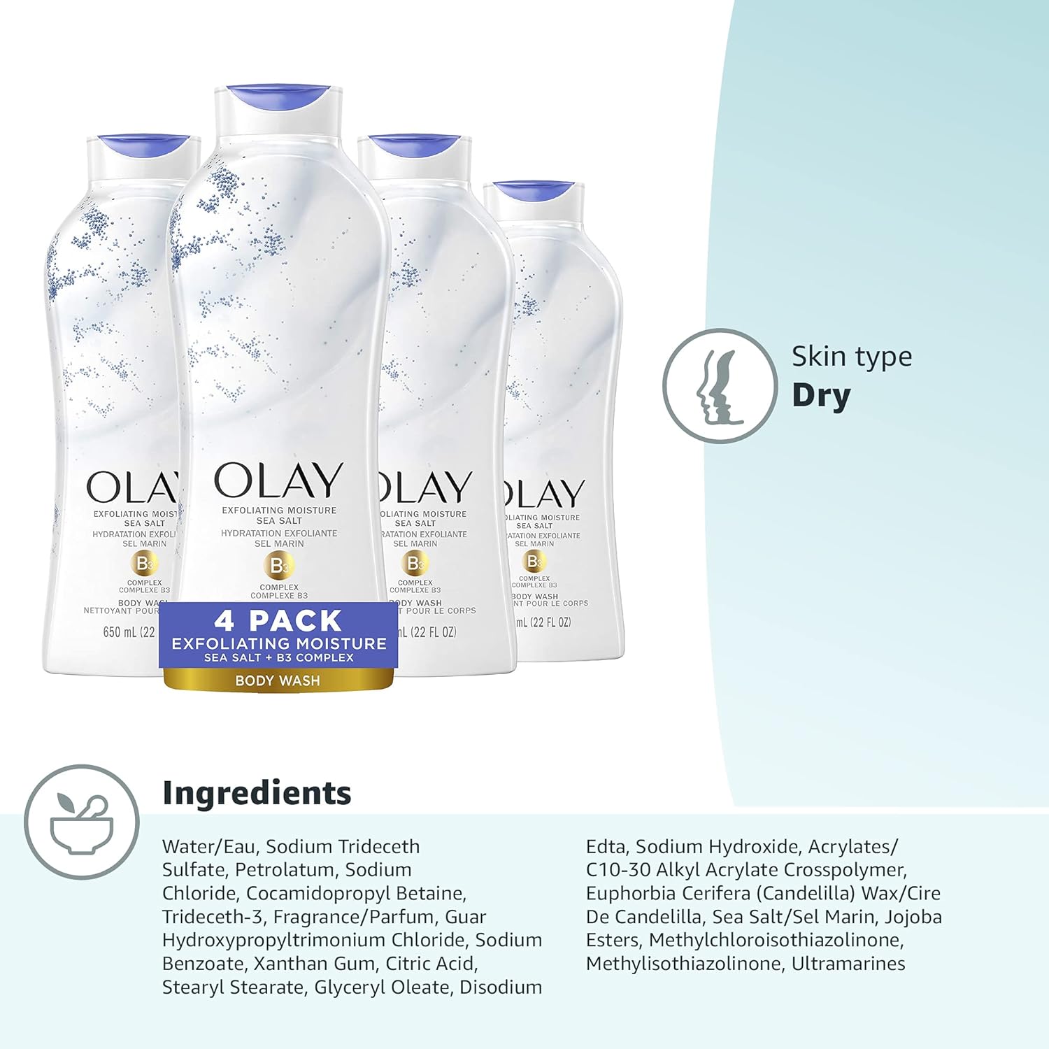 Olay Daily Exfoliating with Sea Salts Body Wash | 22 Oz | Pack of 4
