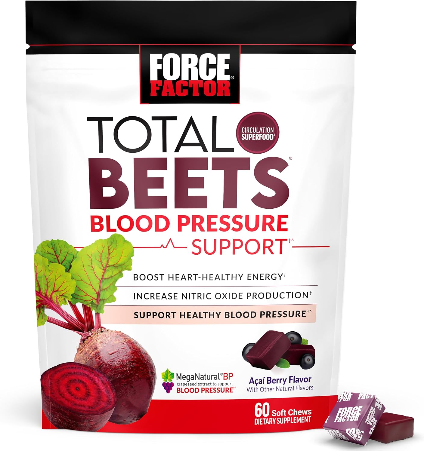 Force Factor Total Beets Multiple Vitamin & Mineral | Acai Berry Flavor | 60 Chewables