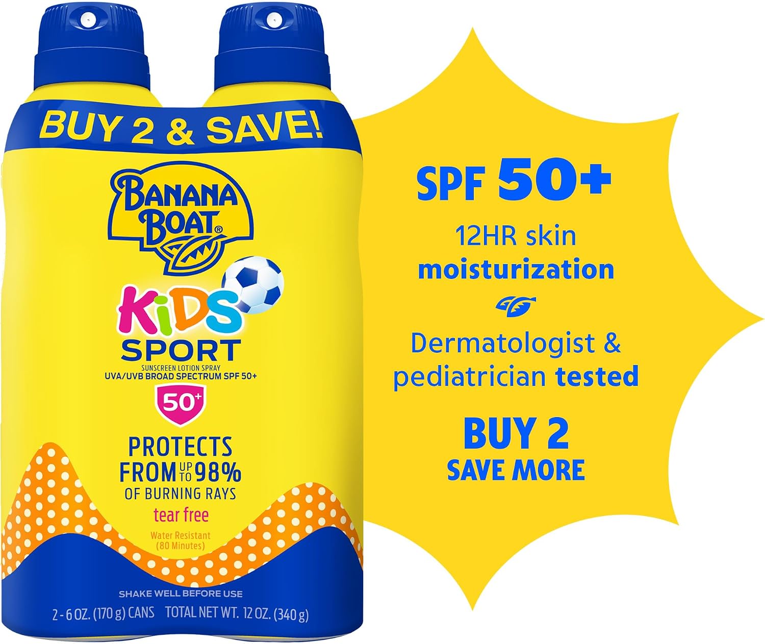 Banana Boat Sunscreen Spray Kids Sport Tear-Free | SPF 50 | 6 Oz | Twin Pack