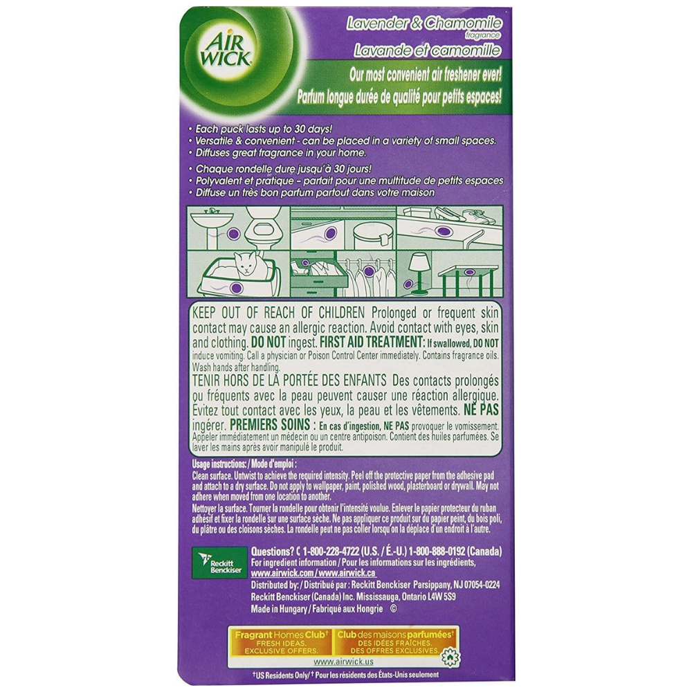Back packaging for 2 Air wick stick up air fresheners in Lavender & chamomile