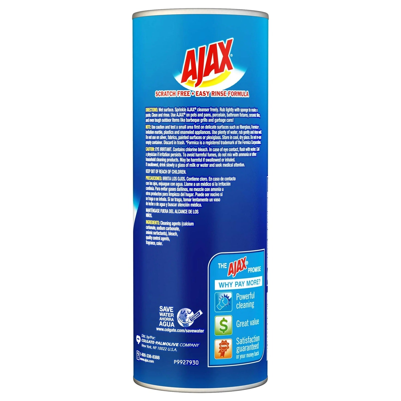 Ajax powder cleaning product canister promises powerful cleaning and great value with a satisfaction guarantee.