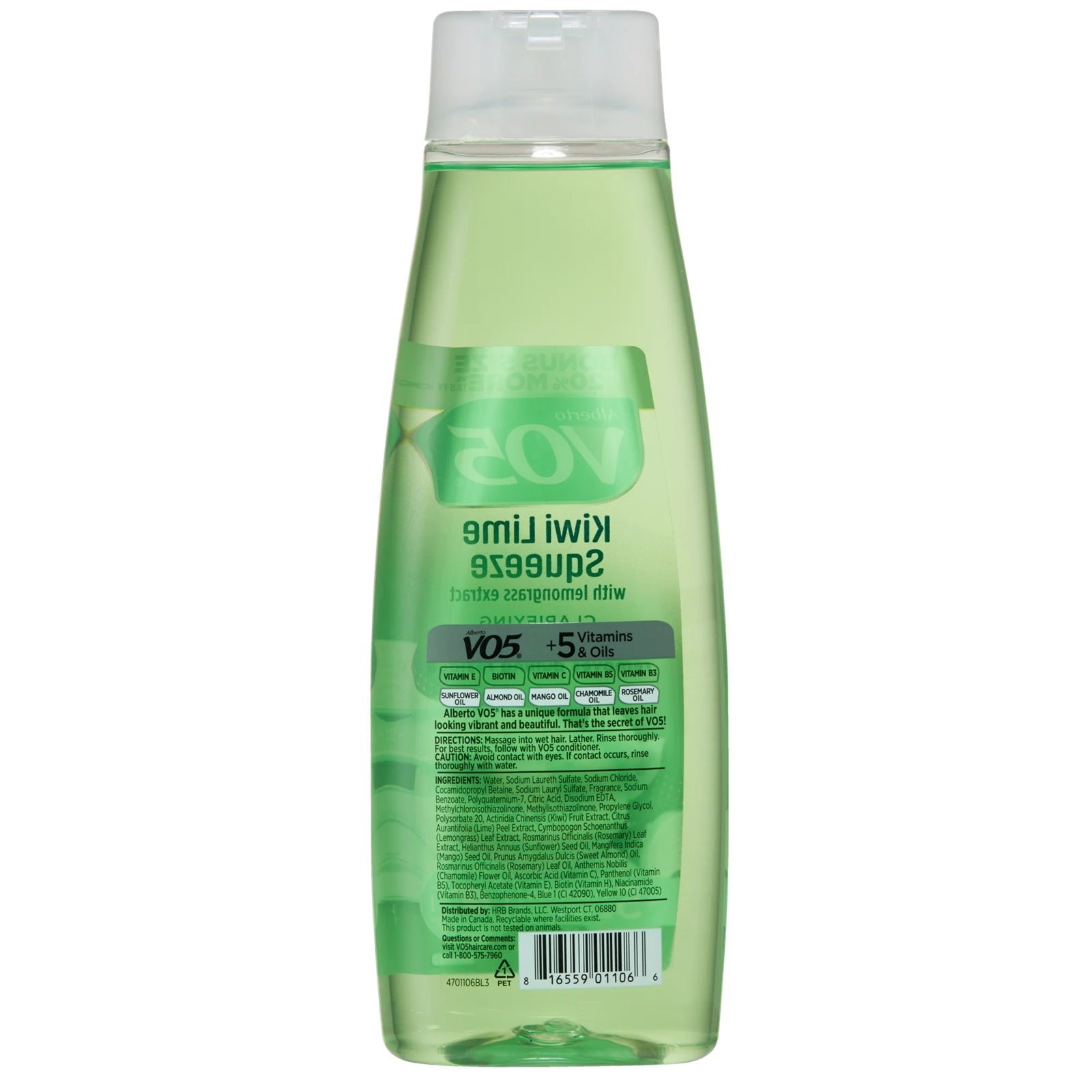 Alberto VO5 clarifying kiwi shampoo with 5 vitamins and oils including vitamin E, biotin, Vitamin C, Vitamin B5, Vitamin B3. Sunflower oil, Almond oil, mango oil, chamomile oil and rosemary oil.