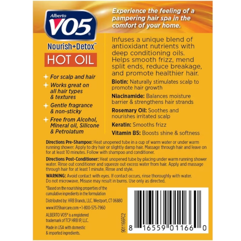 Alberto VO5 hot oil therapy treatment works great on all hair types and textures, is gentle fragrance & nonstick and free from alcohol and mineral oil.