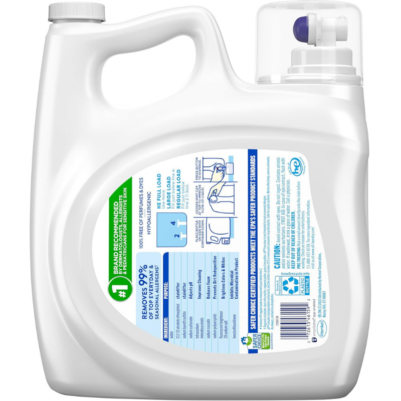 All laundry detergent, 100% free of perfumes and dyes - dermatologists approved for hypollergic.