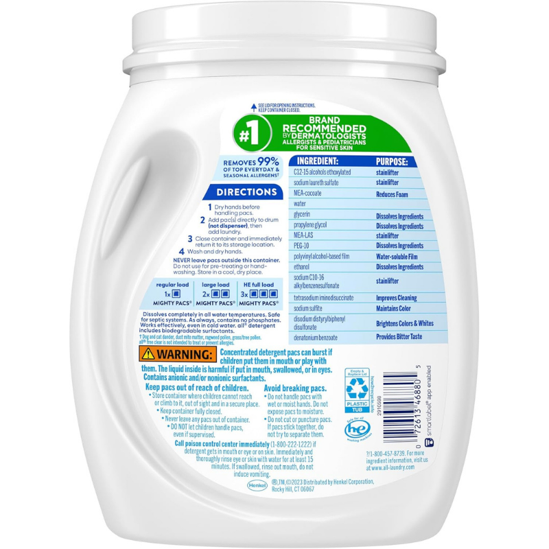 All mighty pacs laundry detergent, recommended by dermatologists - removes 99% of top everyday and seasonal allergens using c12-15 alcohols and more.