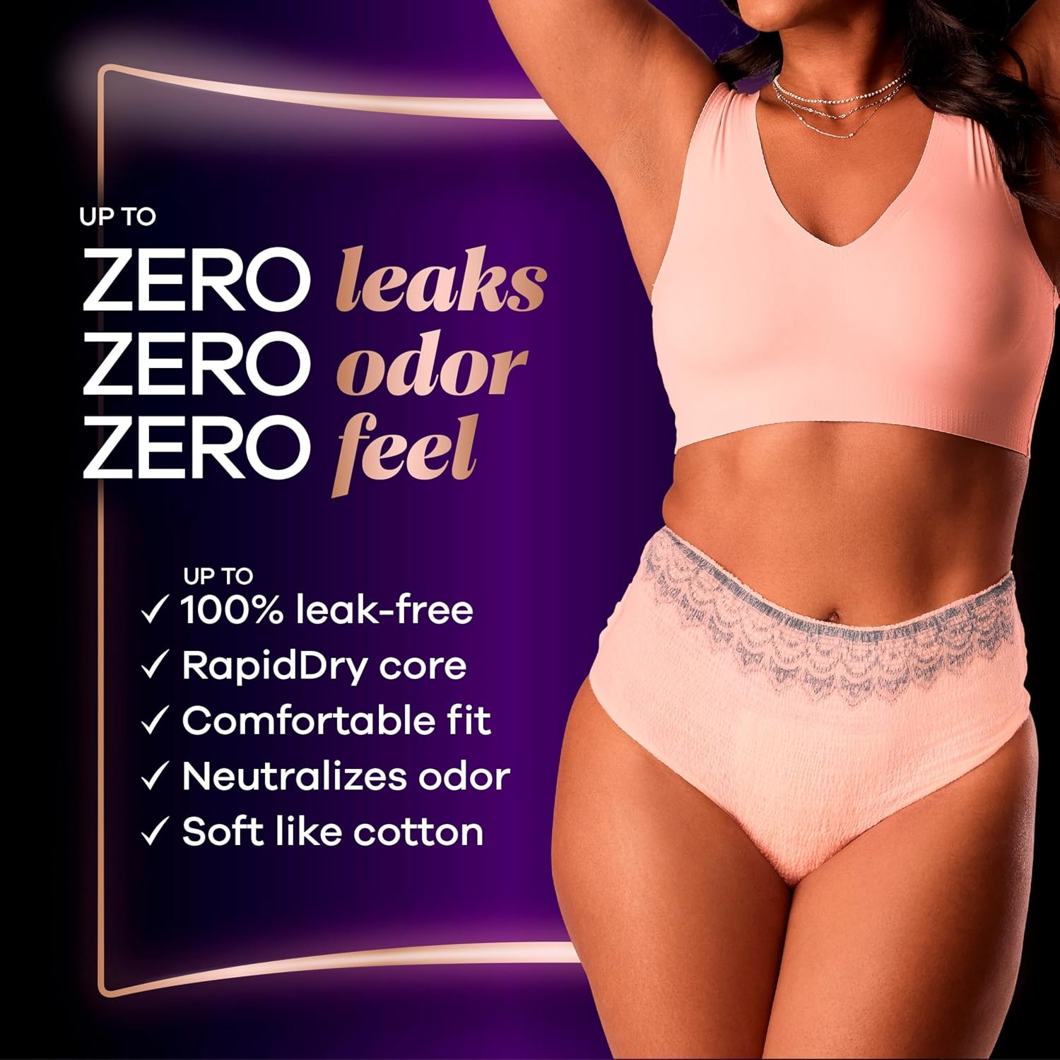 Always discreet boutique underwear with up to zero leaks, odor and feel - leak-free, RapidDry core and soft like cotton.