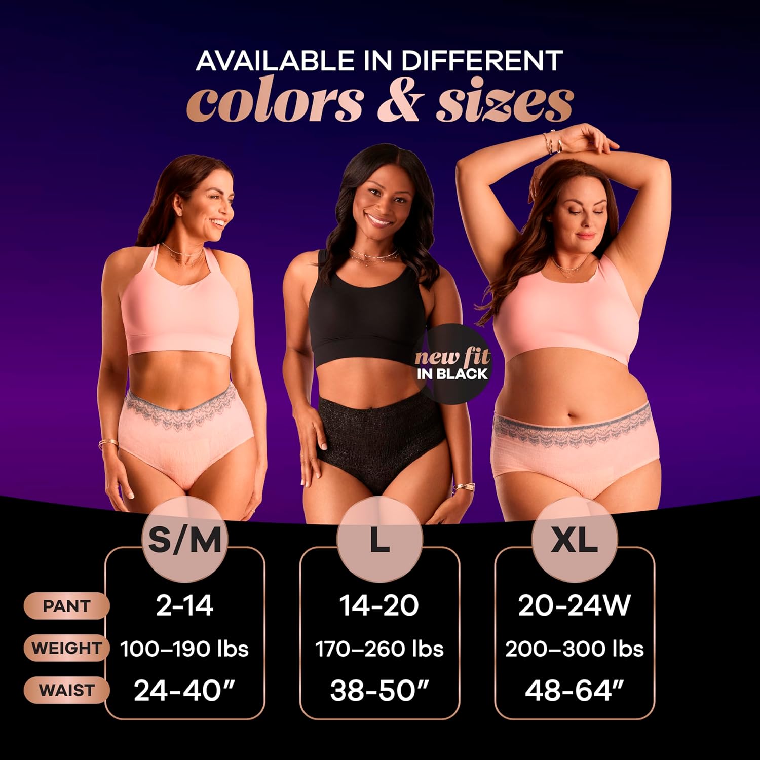 Always discreet boutique underwear is available in different colours and sizes from s-xl for period comfort for all