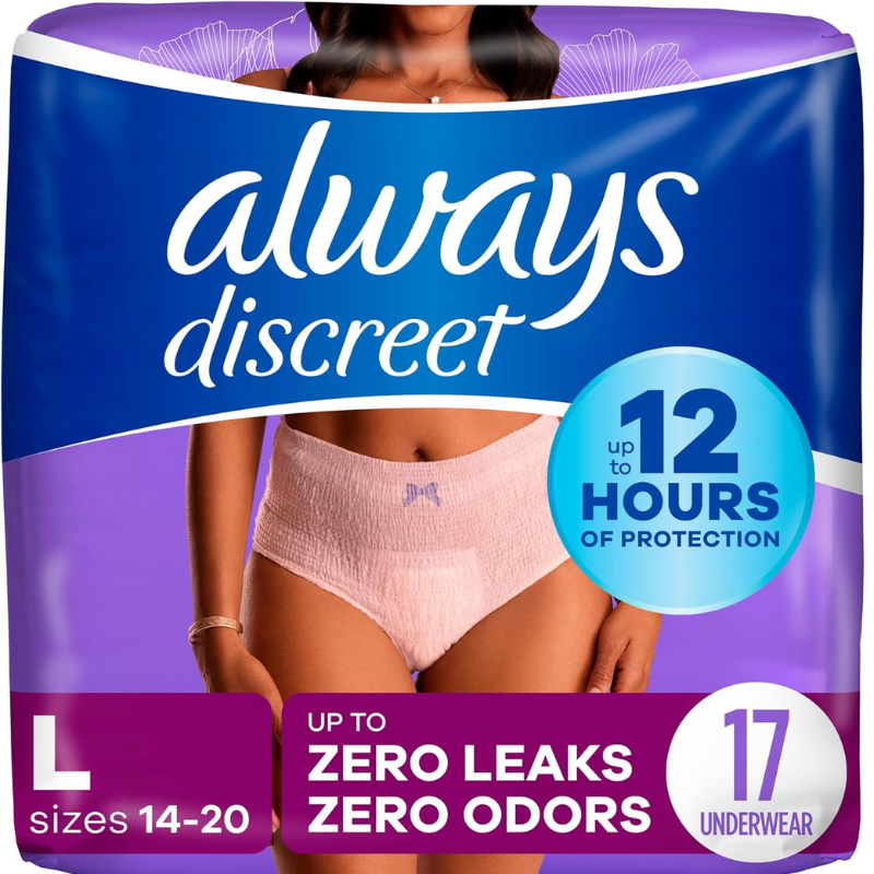Always discreet incontinence underwear - up to 12 hours of protection with zero leaks and zero odors.