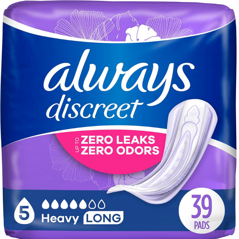 Always discreet 39 long sanitary pads - up to zero leaks and odors for period protection.