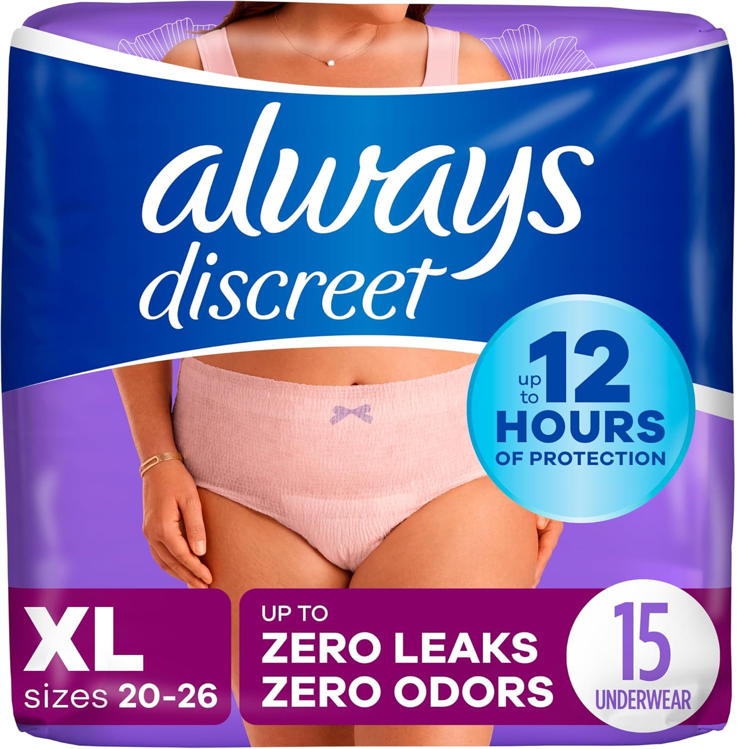 Always discreet underwear (15) size XL up to 12 hours of zero leak and zero odors protection for feminine protection.