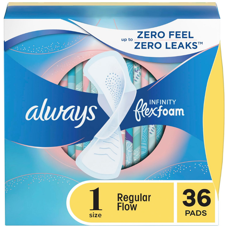 Always infinity flexfoam sanitary pads in a size for regular flow, twin pack includes 36 pads for a toilet of 72 pads - for full period protection.