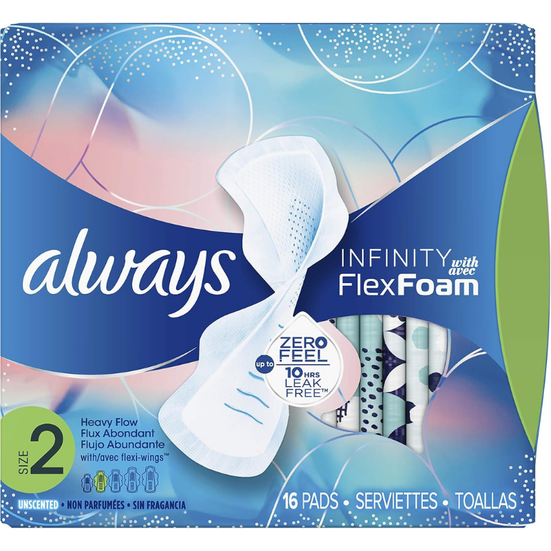 Always infinity flexfoam sanitary pads with zero feat and up to 10 hours leak free period protection - 16 pads.