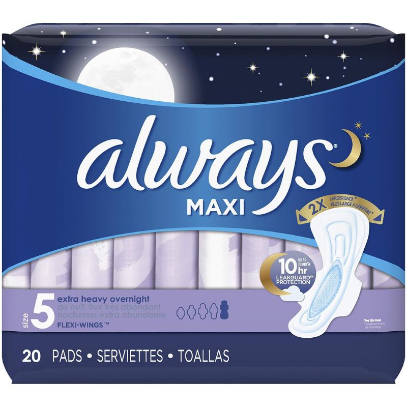 Always maxi extra-heavy overnight pads with flexwings and up to 10hours leak guard protection - 2x larger back for ultimate fit.