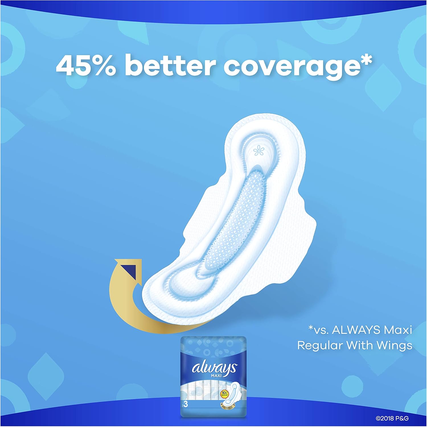 Always Maxi Extra Long Super Pads with wings., Size 3 (26 Count), sanitary pads for 45% better coverage