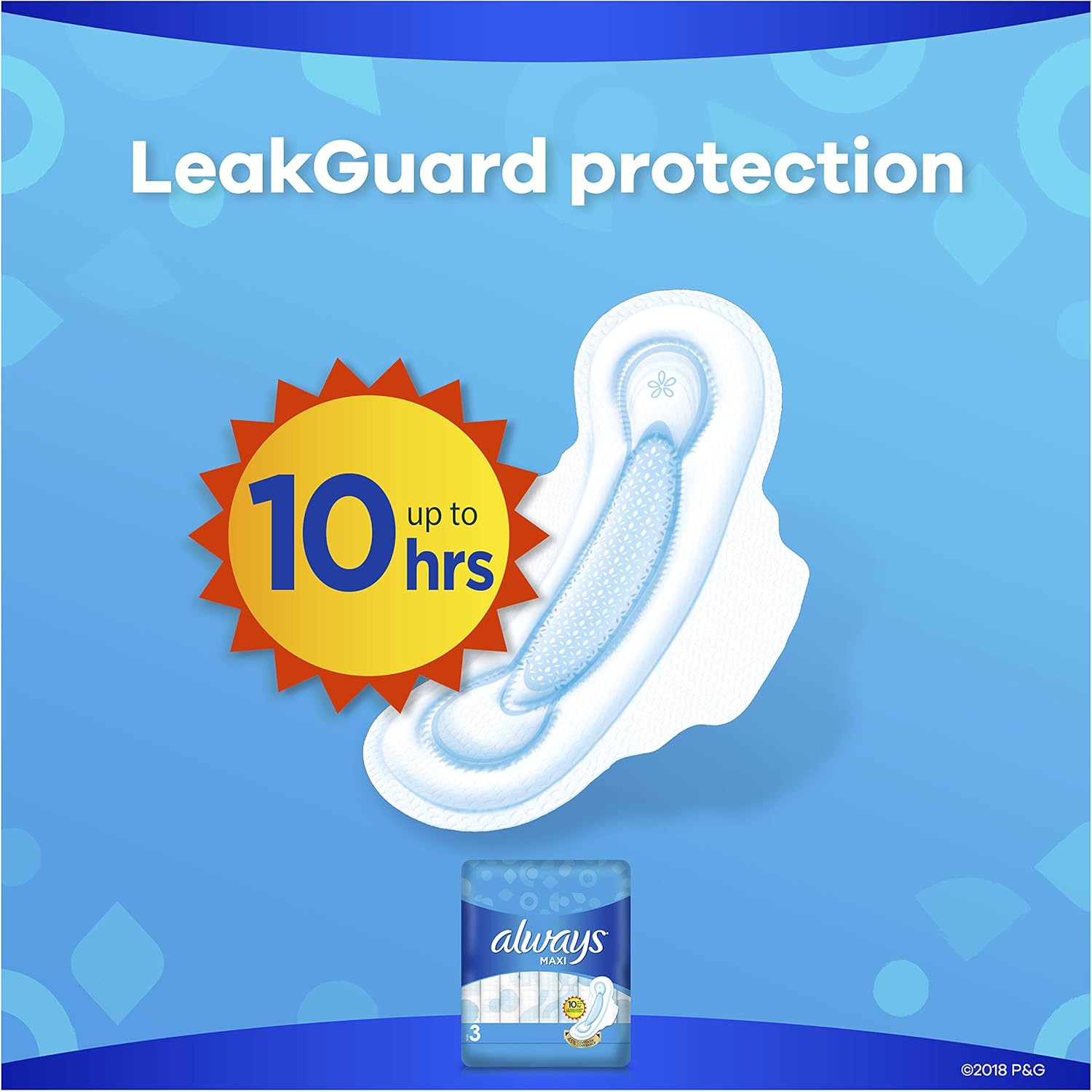 Always Maxi Extra Long Super Pads with wings, Size 3 (26 Count), sanitary pads with up to 10hours leak guard protection.