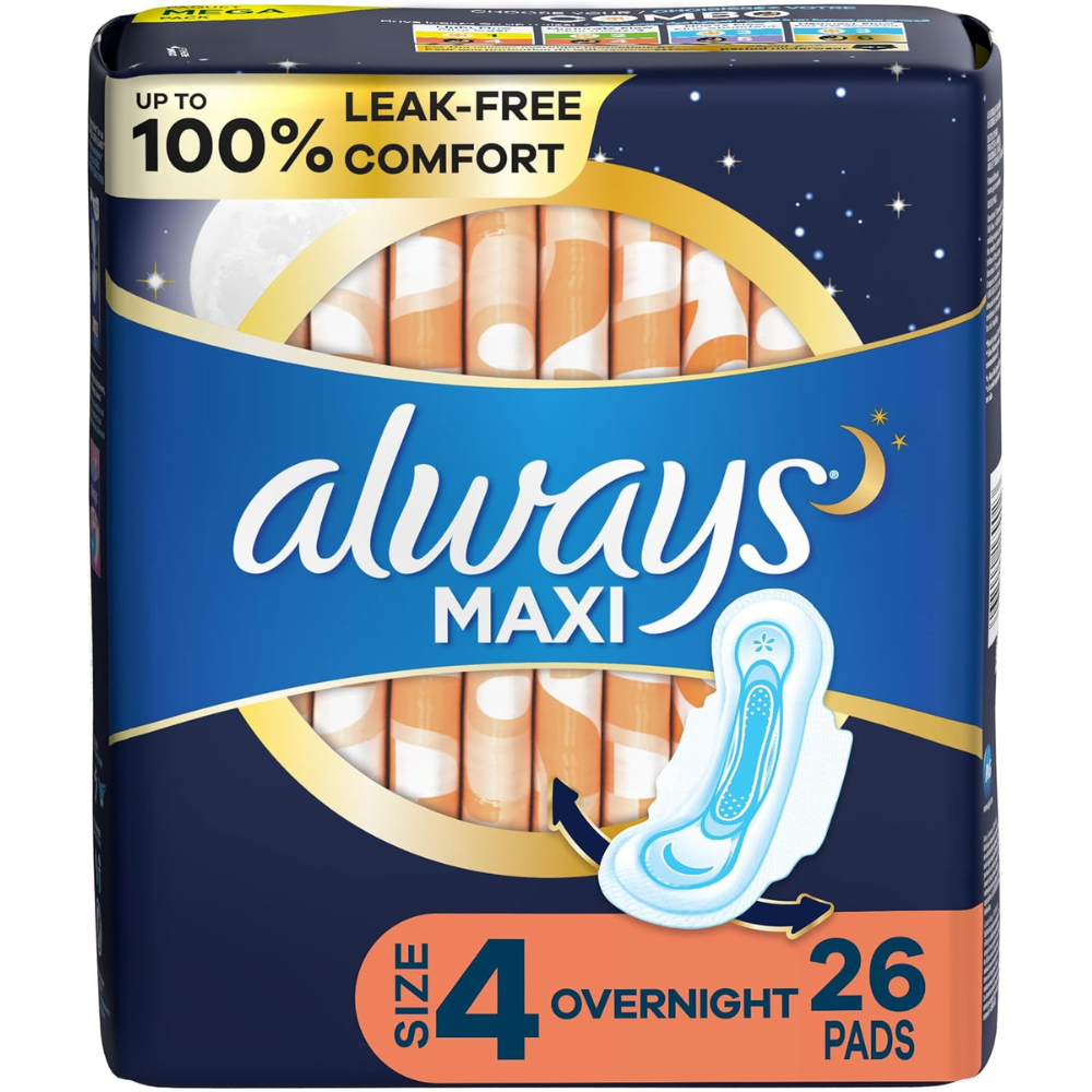 Always Maxi Overnight Pads, Size 4 (26 Count) up to 100%. leak-free comfort with always feminine sanitary pads.