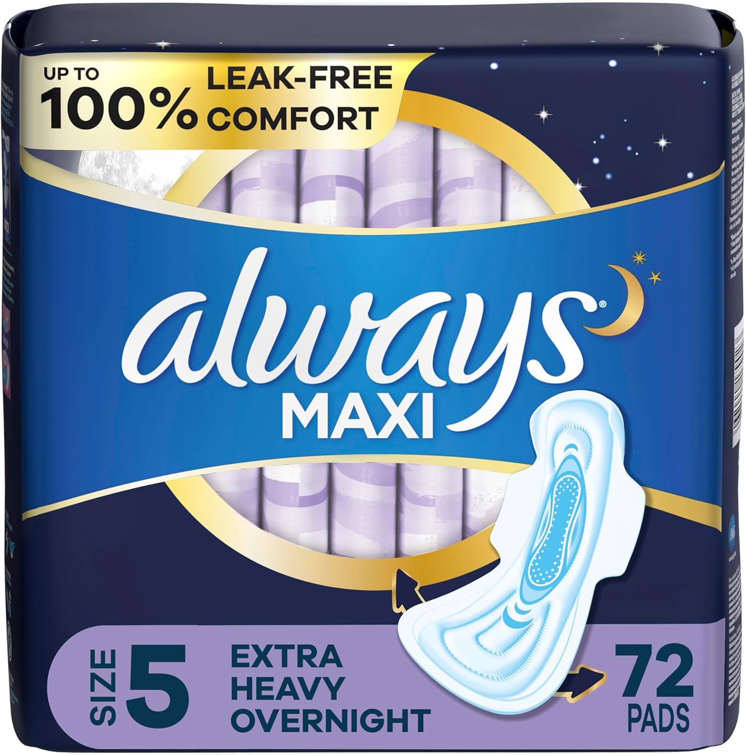 Always maxi sanitary pads - Extra Heavy Overnight, Size 5 (72 Count), women sanitary pads for extra heavy overnight protection and 100% leak-free comfort.