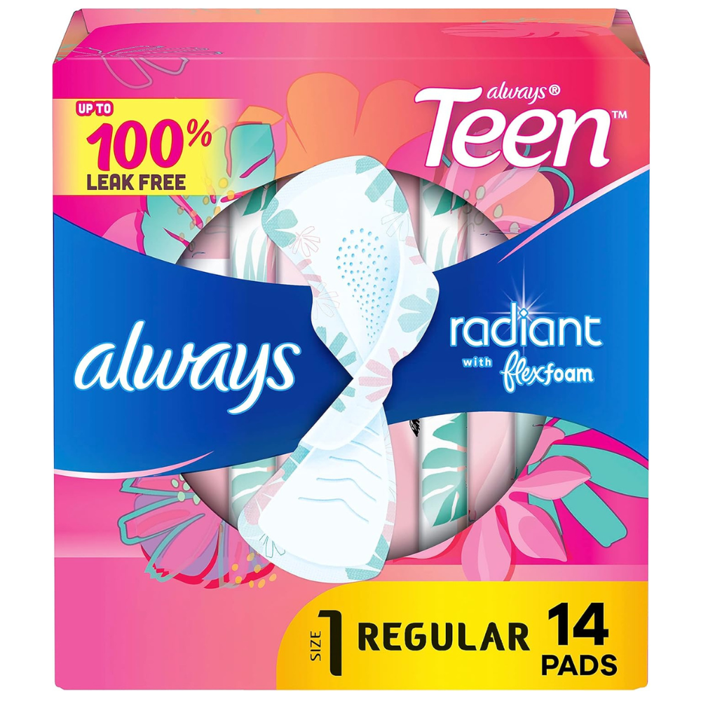 Always Teen Radiant Flexfoam Pads, Size 1 Regular (14 Count) , up to 100% leak free sanitary pads for teenagers.