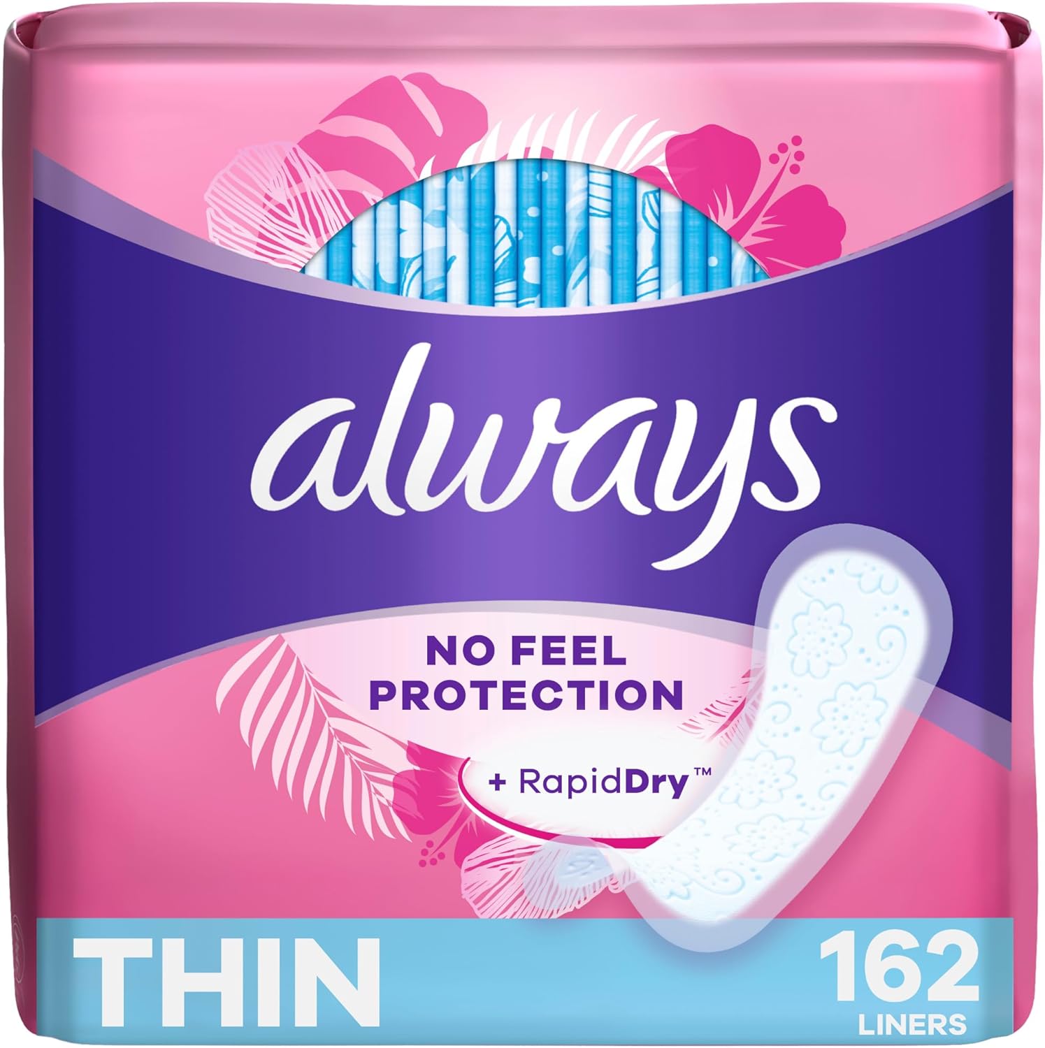 Always thin daily liners - 162 Count no feel panty liner protection with rapid dry protection.
