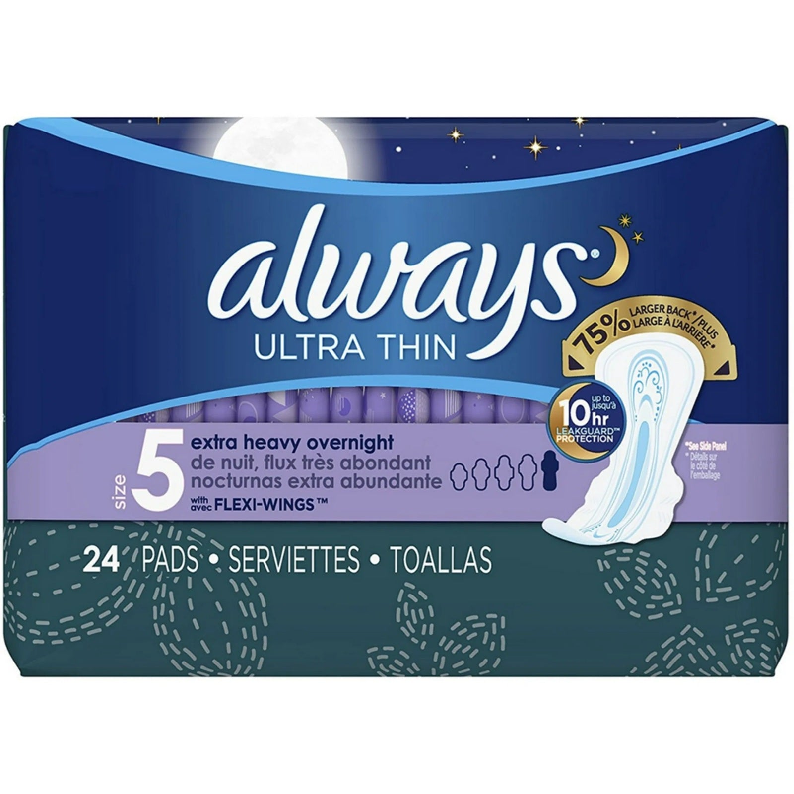 Always Ultra Thin sanitary pads - size 5 extra heavy overnight pads with flexi wings and larger back - 24 pads.