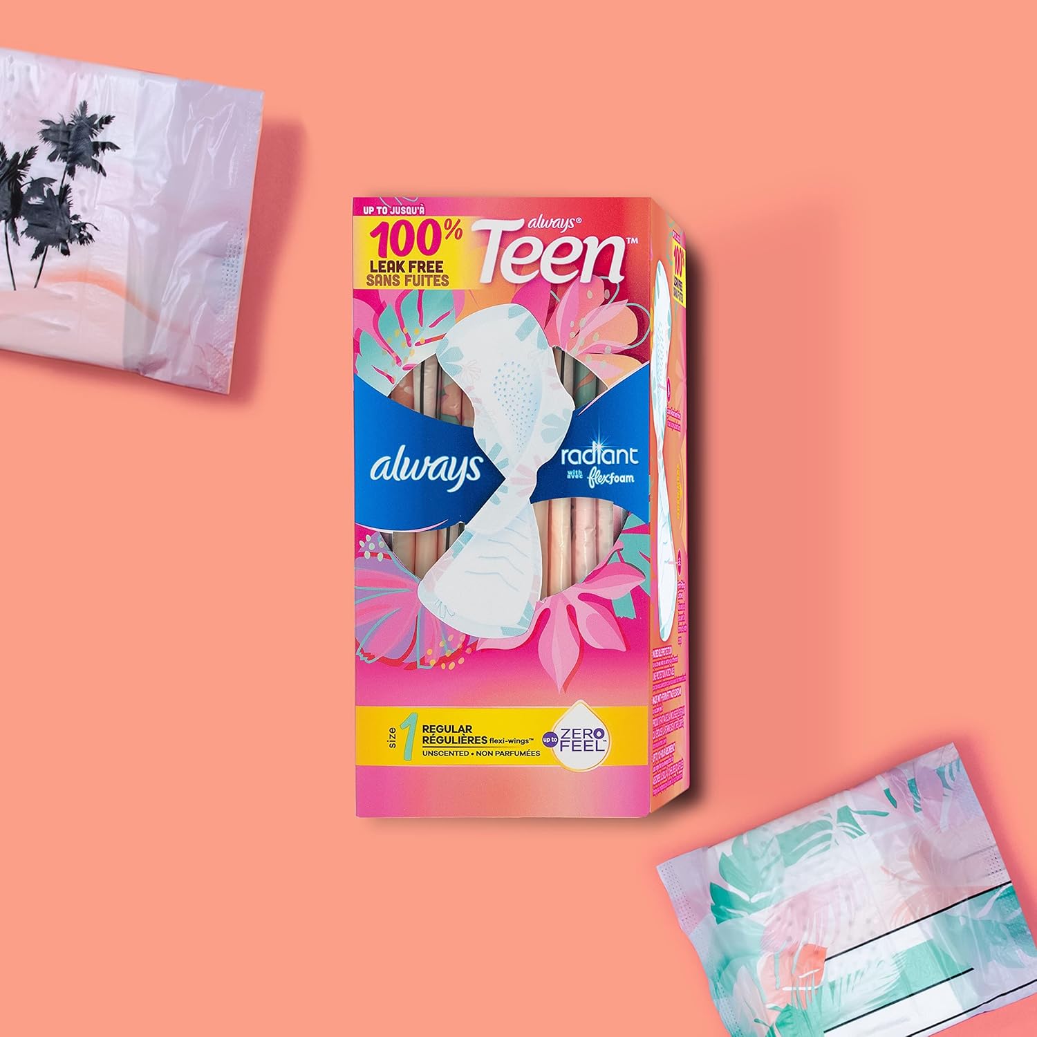 Always teen radiant Flexfoam pads with wings, size 1 regular (28 count), up to 100% leak free and zero feel comfort.