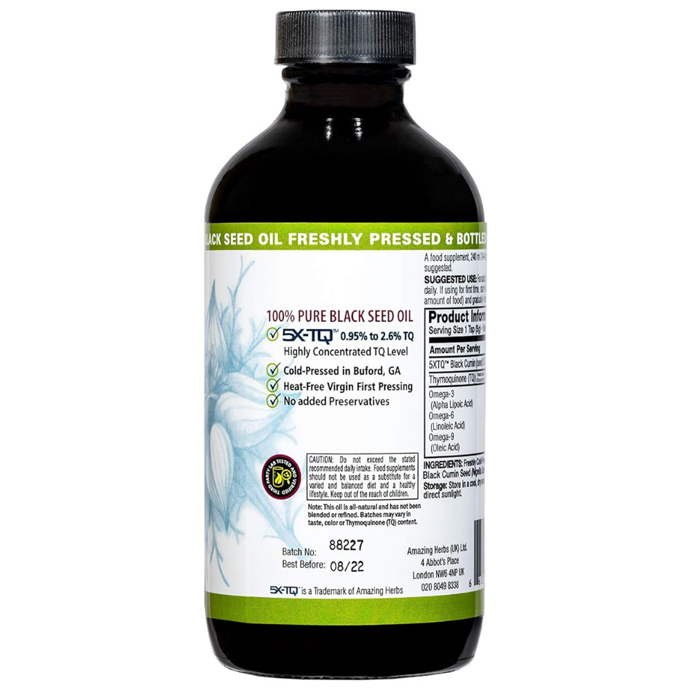 Bottle of 100% pure black seed oil with no added preservatives