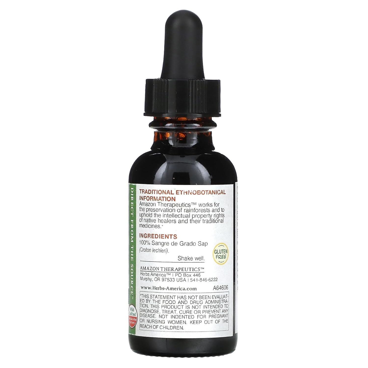 Amazon Therapeutics Sangre de Grado Dragon's Blood, 1 oz (30 ml) is Gluten free and 100% Sangre de Grado Sap.