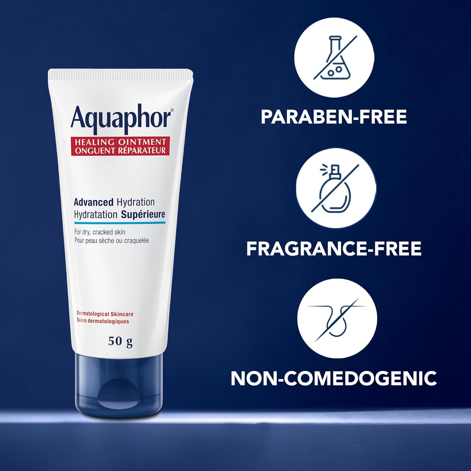 Aquaphor healing ointment with advanced hydration - paraben-free, fragrance-free and non-comedogenic.