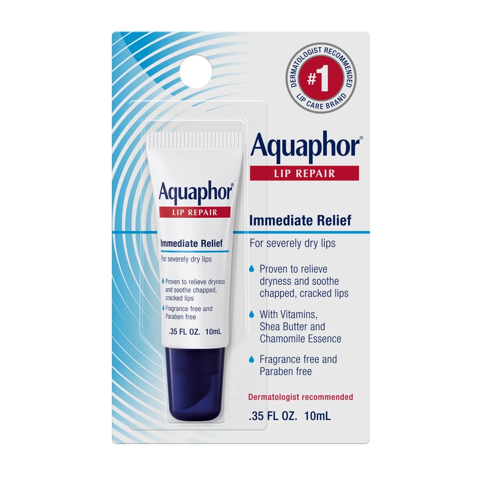 Aquaphor lip repair ointment for immediate relief to severely dry lips with shea butter, vitamins and chamomile essence.