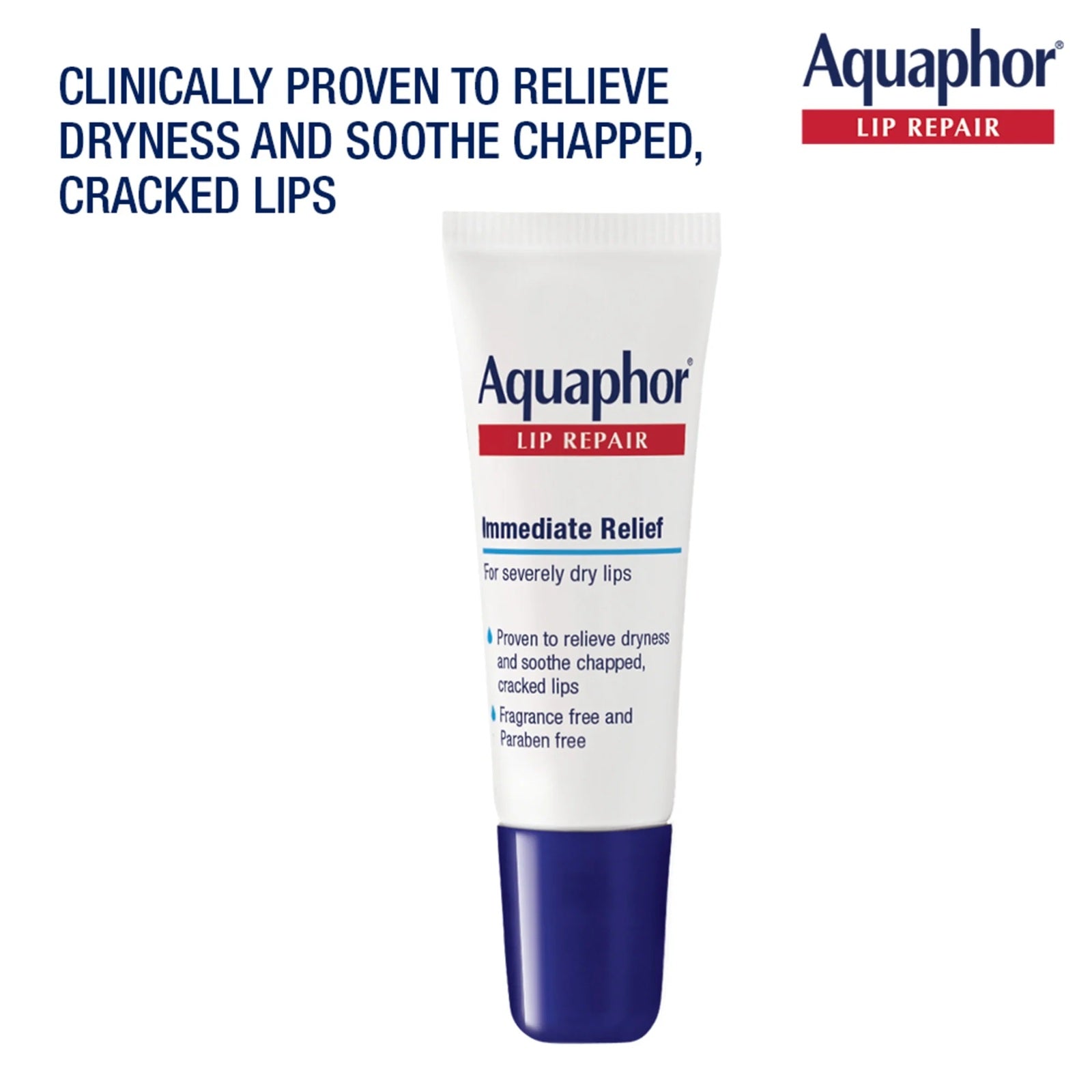 Aquaphor lip repair ointment clinically proven to relieve dryness and soothe chapped, cracked lips.
