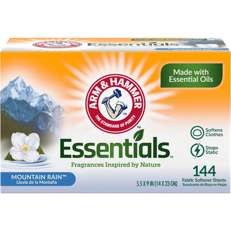 Arm & Hammer fabric softener sheets with mountain rain scent, essential with fragrances inspired by nature - it stops static and softens clothes.