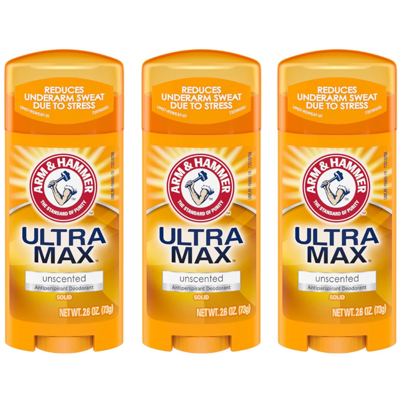 Arm & Hammer Ultra Max unscented antiperspirant deodorant, reduces underarm sweat due to stress.