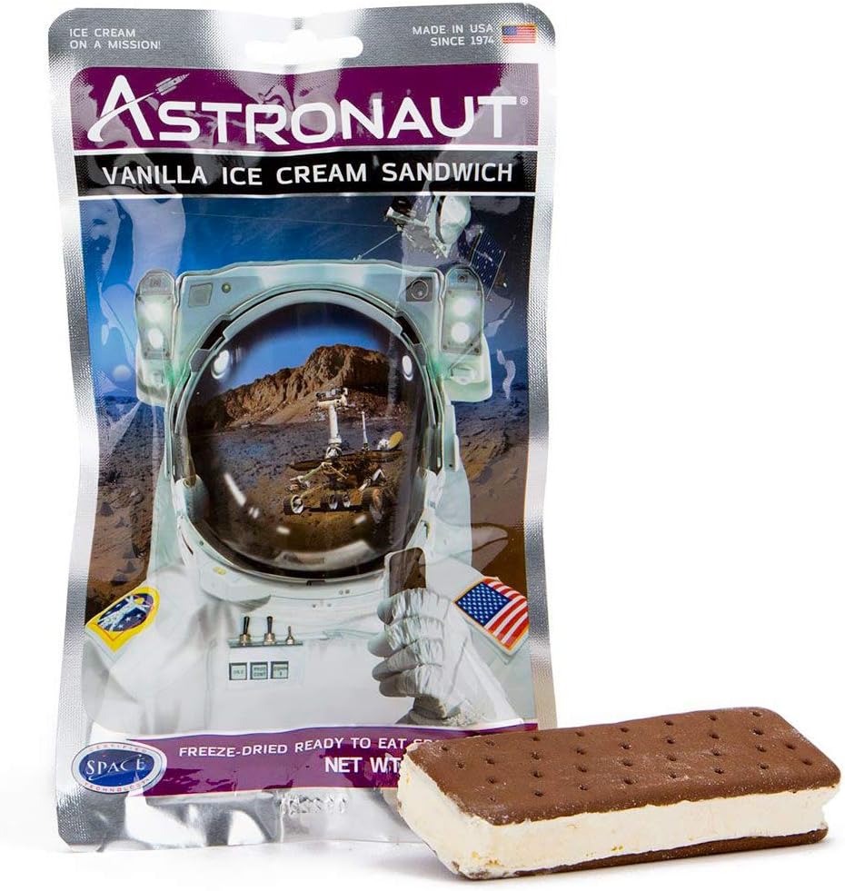 Astronaut food vanilla ice cream sandwich packaging with an ice cream sandwich pictured