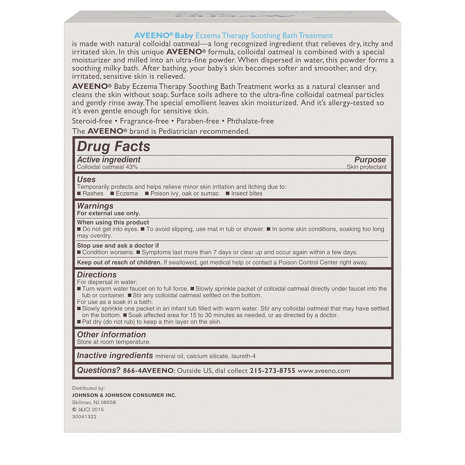 Aveeno baby eczema therapy powder packets includes colloidal oatmeal, mineral oil and more.