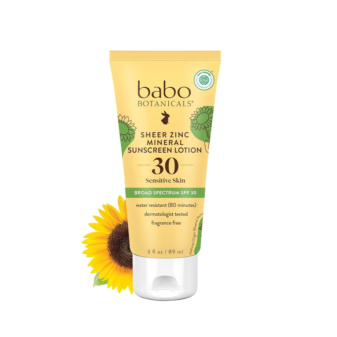 A tube of babo botanicals sheer zinc sunscreen lotion with SPF 30, designed for sensitive skin