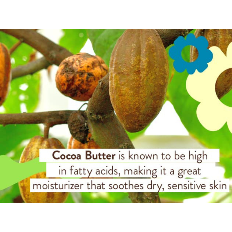 Baby botanical super shield mineral sunscreen contains cocoa butter, known to be high in fatty acid, making it a great moisturizer that soother dry, sensitive skin.