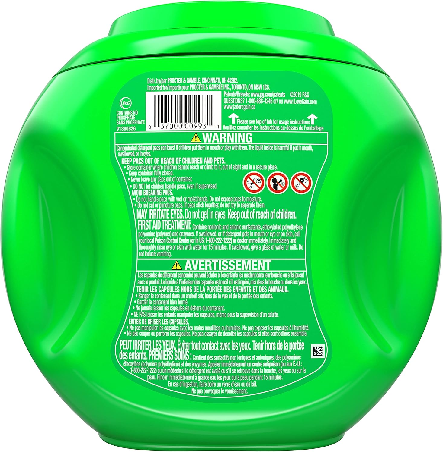 Back of Gain flings laundry detergent pods with warnings