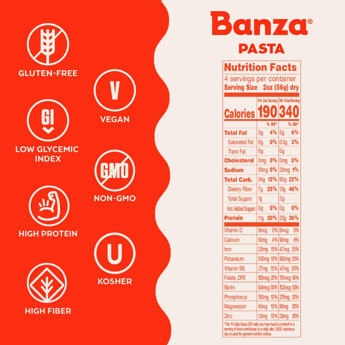 Banza gluten free pasta is vegan, high in protein and fibre. Non-GMO kosher pasta