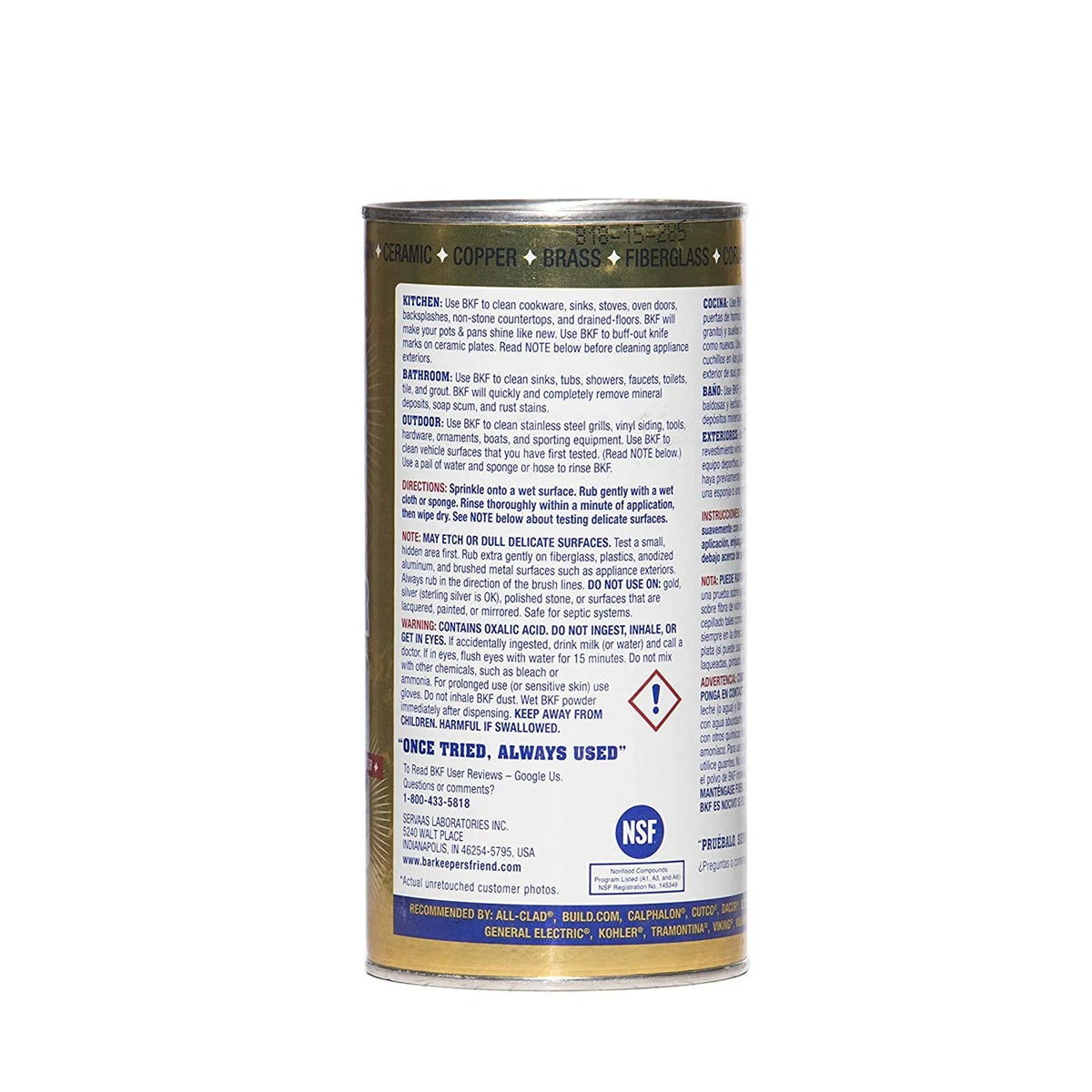 Back label of a bar keepers can with text and certification logos on a white background
