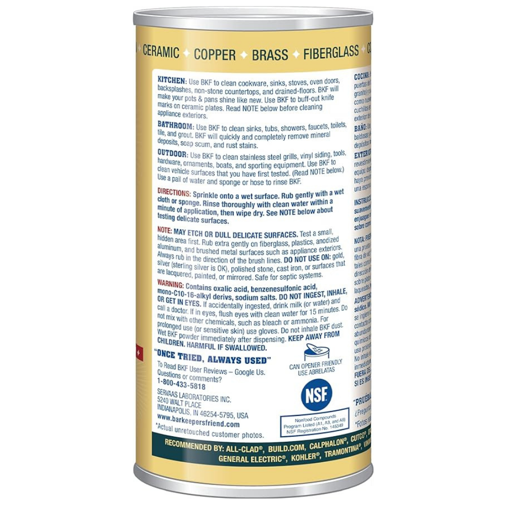 Bar keepers friends canister of cleanser and polish for ceramic cleaning, copper cleaning, brass cleaning and more.