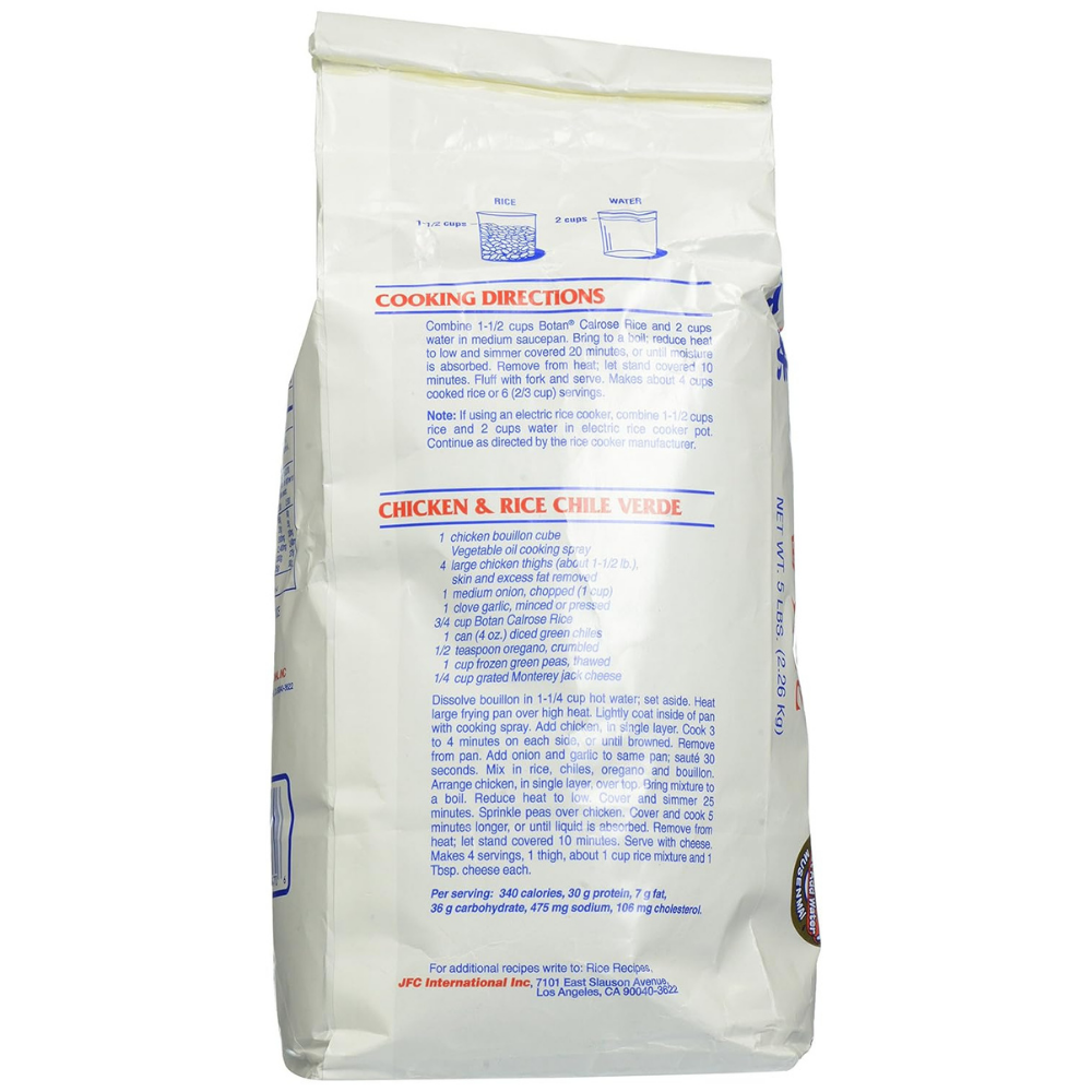 Back of bag of Botan Musenmai Calrose Rice - Medium Grain, 5 lb with recipe [rinted