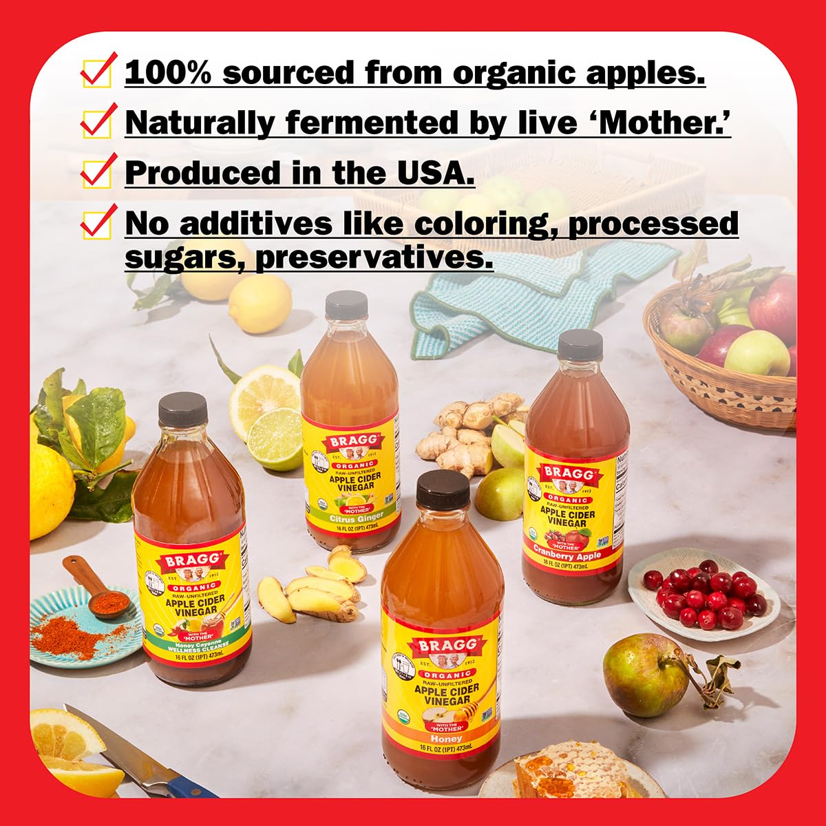 Braggs organic raw unfiltered apple cider vinegar is 100% sourced from apples with no additives, coloring or preservatives.